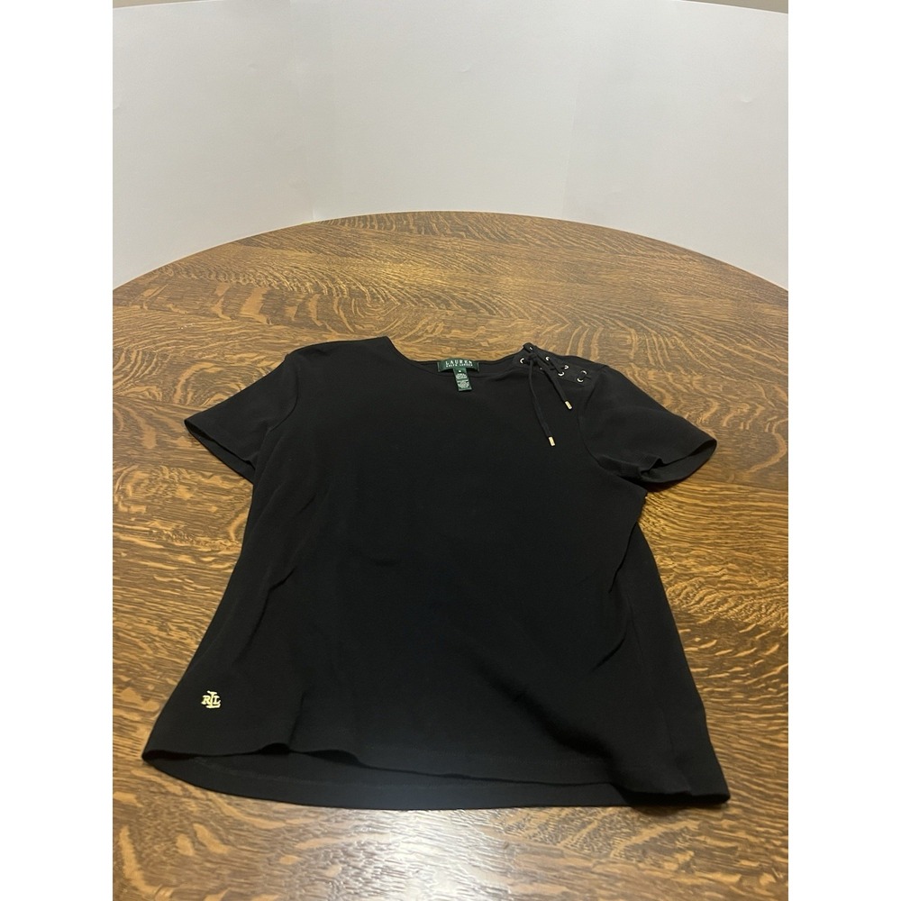 Lauren Ralph Lauren Womens M Black Lace Up Shoulder Jersey Tee Top Shirt